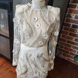 Zhivago Cream and Gold Embellished Long Sleeve Dress